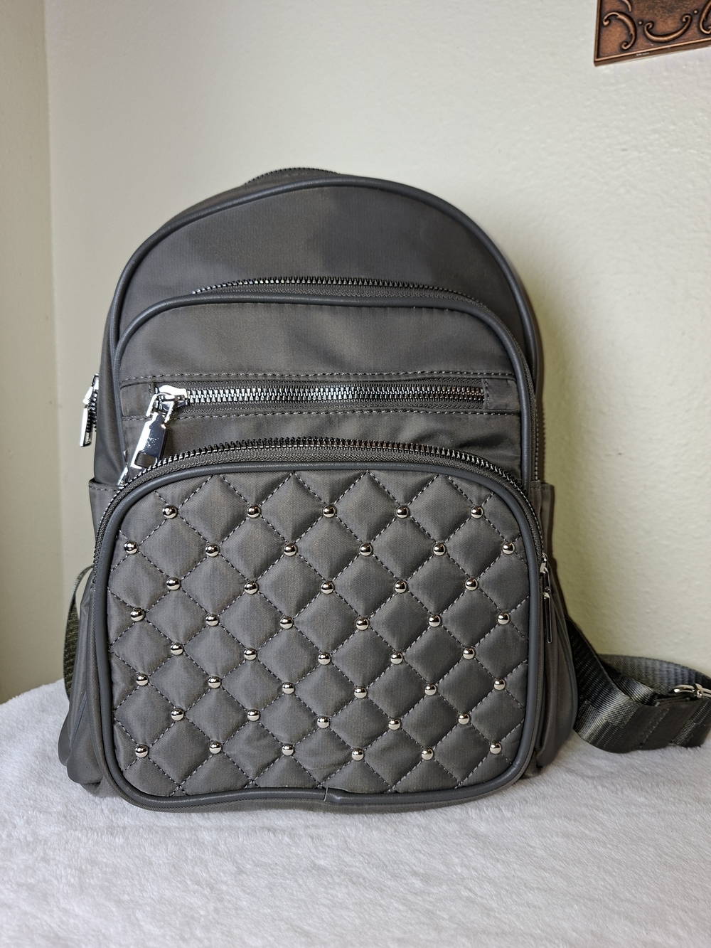 Quilted Stud Accent Womans Backpack - Gray